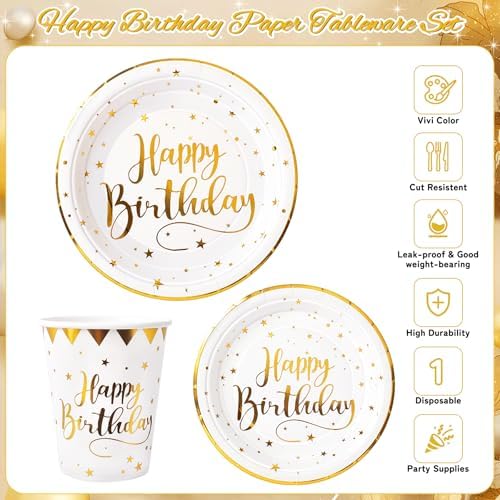 White and Gold Happy Birthday Party Plates, 168PCS Birthday Party Supplies
