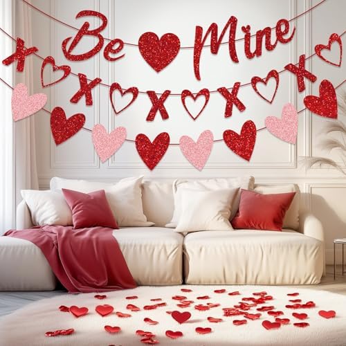 Valentine's Day Decorations - 3-Pack Pre-Strung Be Mine & XOXO & Heart Glitter Banners, No DIY Required, Romantic Decor for Home Classroom Office Wedding Party Anniversary