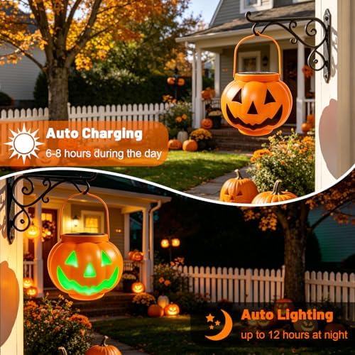 BRIGHTDECK Halloween Pumpkin Solar Lanterns 2 Pack, Jack O Lantern Pumpkin Lights for Halloween Decorations Outdoor, Weatherproof & Portable Fall Yard Decor (2Pack Red＆Green)
