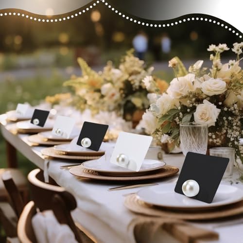 Leinuosen 96 Pcs Decorative Pearl Place Card Stands and Cards Set, Table Place, Food Labels Business, Dessert Table Decor