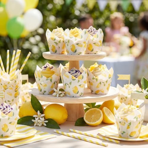 Maxdot 200 Pcs Lemon Flower Tulip Cupcake Liners for Baking Yellow Fruit Paper Muffin Baking Cups Fruit Theme Tulip Muffin Liners Wrappers for Summer Baby Shower Wedding Birthday Spring Party