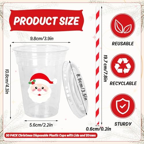 Whaline 50 Pcs 12 Oz Christmas Disposable Plastic Cups with Lids and Straws Santa Claus Face Cold Beverage Drinking Cups for Winter Xmas Birthday Party Supplies