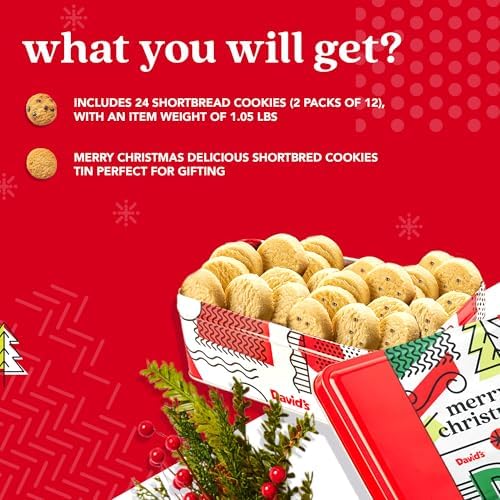 David’s Cookies Shortbread Cookies in Merry Christmas Gift Tin – Festive Holiday Cookie Sampler Gift Box for Christmas & Family Gatherings – Mini Scottish Butter and Chocolate Chip Shortbread