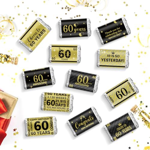 Tenare 90 Pcs 60th Birthday Candy Wrappers, Black and Gold Stickers