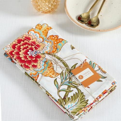 TARAN LIVING Napkins Fall Printed Cotton Cloth Napkin Reusable Boho Dinner Napkin Set Washable Dish Napkin for Gifts, Home Decor, Hotel, New Year Party - Kaveri - Set of 6, 20x20 Inches