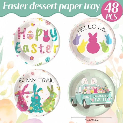 48 PCS Easter Paper Plates, Bunny Party Plates 7 inch Disposable Green Cake Dessert Plate for Holiday St Patricks Day Party Supplies (Easter)