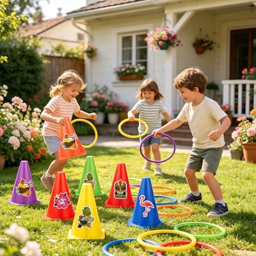 Hawaii Ring Toss Game Set, Luau Party Tossing Game with 6 Plastic Cones, 18 Colorful Rings, Beach Lawn Games for Kids Adults, Hawaiian Tiki Party Supplies Indoor Outdoor Family Activities (Hawaii)