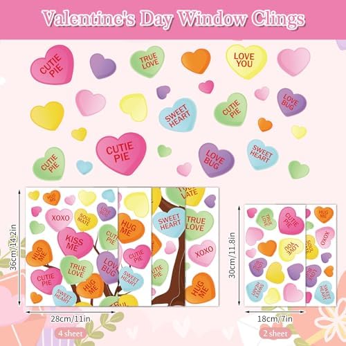 JarThenaAMCS Valentine's Day Tree Window Clings Window Stickers Conversation Heart Tree Double-Sided Glass Decals for Wedding Anniversary Party Wall Decor, 6 Sheets
