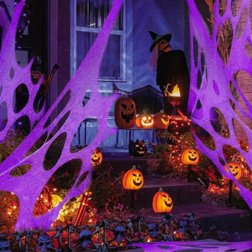 Glow in The Dark Purple 1000 Sqft Uncut Giant Spider Web Halloween Decorations Outdoor with 1 Black Light &10 Ground Nails Stretchy Beef Cloth Netting DIY for Yard Party