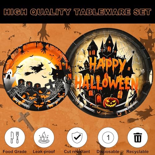 75 Pieces Halloween Paper Plates and Napkins Set - Halloween Party Supplies Tableware Plates, Napkins Baby Shower Scary Moon Night Birthday Decorations Serve 25 (Orange)