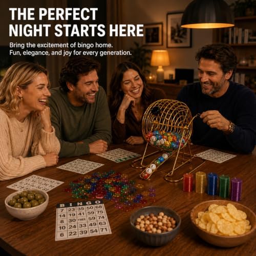 Deluxe Bingo Set with 6-Inch Durable Gold Steel Cage, Magnetic Bingo Wand, 80 Metal-Rimmed Bingo Chips, 75 Calling Balls, 18 Large Cards & Master Board – Premium Bingo Set for Family Nights, Parties