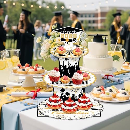 Graduation Decorations 2026 Graduation Cupcake Stand Cake Topper for 50 Cupcakes Class of 2026 Party Supplies Decor Grad Party Cap Tower Topper Table Decorations for Law Master High School Black Gold