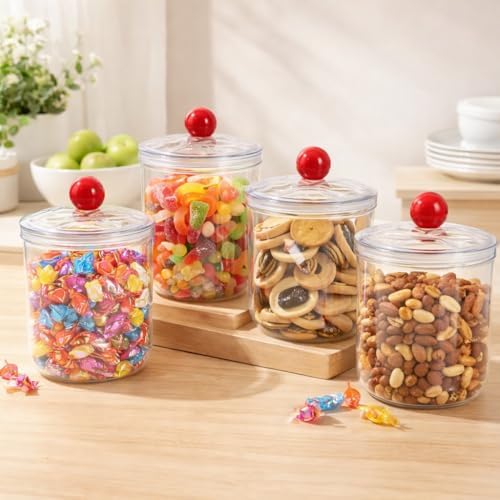 4 Pack 47 oz Clear Plastic Candy Jars with Lids, Large Cookie Storage Containers for Kitchen Counter, Wide Mouth Candy Cookie Canisters for Snacks Treats