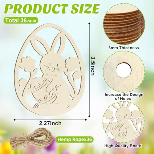 36PCS Wooden Easter Ornaments to Paint, 6 Styles DIY Blank Unfinished Wood Egg Cutouts Ornament for Crafts Hanging Decorations Happy Easter Hallow Egg Rabbit Bunny Butterfly Flower Hen