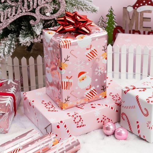 Burymento Christmas Wrapping Paper, Reversible Pink Christmas Tree, HO Santa Laughter, Snowflake, Reindeer, Design Gift Wrapping Paper Suitable for Holiday, Mini Roll (17 Inch X 120 Inch)