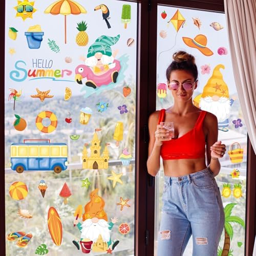93Pcs Summer Window Clings, Double Sided Beach Gnomes Summer Window Decals Stickers for Home Office School Holiday Party Decorations