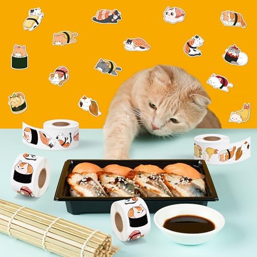 Eartim Sushi Cat Sticker Roll 1000Pcs Cartoon Kawaii Sushi Cute Cat Sticker