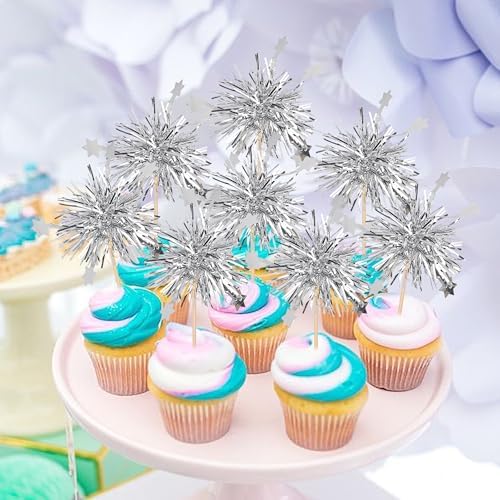 30 PCS Foil Firework Cupcake Toppers Star Cupcake Picks Sparkle Tinsel Flower Drink Stirrers Cocktail Food Fruit Toothpicks for Valentine's Day Birthday Party Cake Decorations Supplies Silver