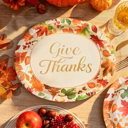 Homlouue 50 PCS Thanksgiving Oval Paper Plates Disposable, Fall Paper Plates, Large 12.5" x 10.5" Maple Leaf Autumn Dinner Plate, Disposable Fall Party Supplies Thanksgiving Autumn Harvest Table Decor