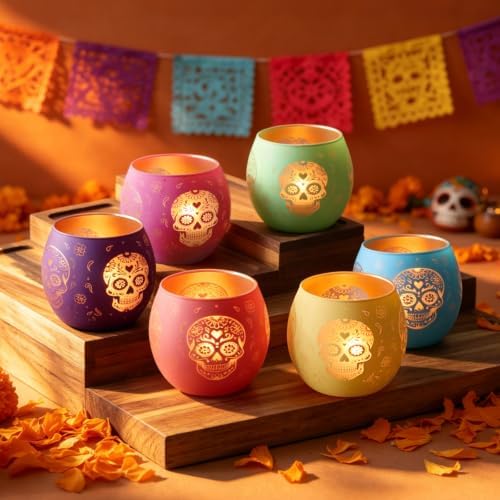 Day of Dead Skull Glass Votive Candle Holders for Indoor Halloween Decor