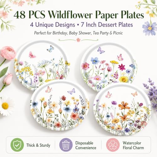 48 Pcs Wildflower Paper Plates, 7 Inch Floral Dessert Plates