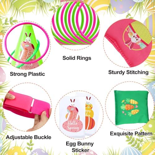 4 in 1 Easter Outdoor Games for Kids and Family, Easter Party Game with Ring Toss, Plastic Cones, Bean Bags, 3-Legged Race Bands, Carnival Spring Games Activities Combo Set for Adult Yard Classroom