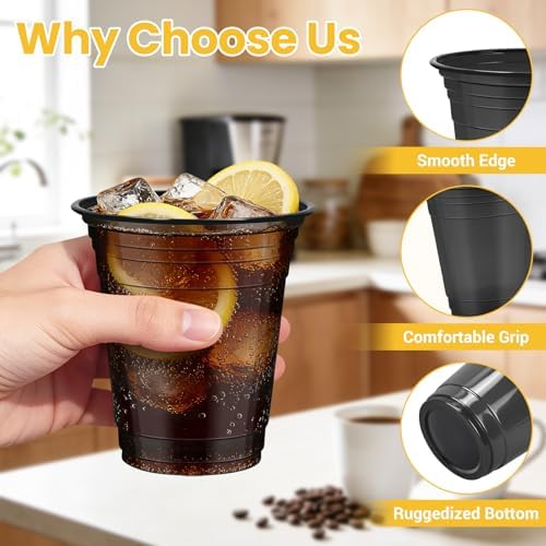 50 Pcs Clear Black Plastic Cups, 12 oz Disposable Cups for Party