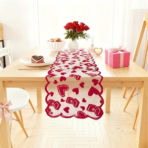 OHOME Valentines Day Decorations - Red Lace Table Runner | Valentines Day Decor Party Supplies Favors - Galentines Day Decorations Holiday Heart Table Cloth Centerpiece for Wedding Home Kitchen