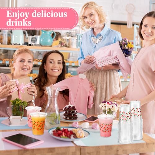 Funnymoom 50 Sets Cherry Disposable Plastic Cups Bulk with Lids Straws 16 oz Red Cherry Clear Plastic Cups Flower Cold Beverage Drinking Container for baby shower Birthday Daily Holiday Party Supplies