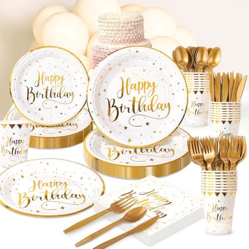White and Gold Happy Birthday Party Plates, 168PCS Birthday Party Supplies
