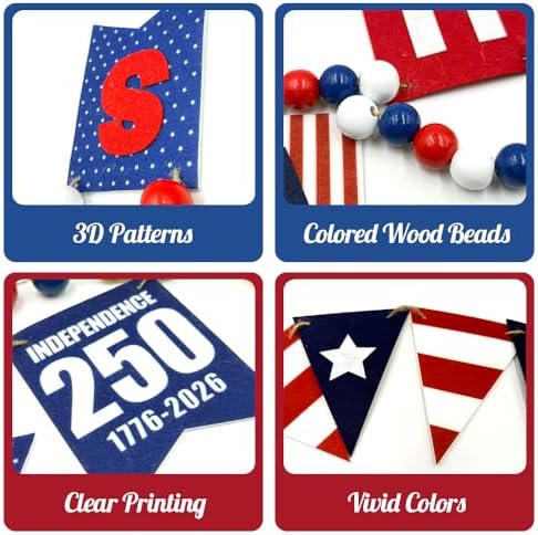 9.8 FT 4th of July Patriotic Garland, 2Pcs Independence Day American Flag Wood Bead Garland for Mantel, Red White Blue 4th of July Decorations for Home Wall Independence Day Memorial Day Decor