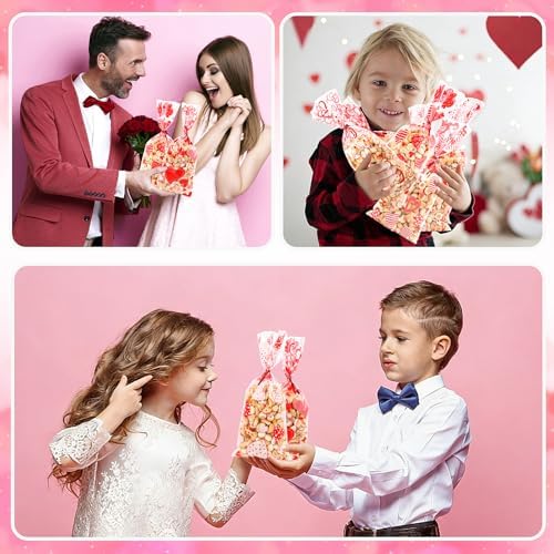 FOIMAS 180pcs Valentine's Day Cellophane Treat Bags,Heart Candy Goodie Bags Cookie Bag with Twisted Ties for Valentines Day Party Supply