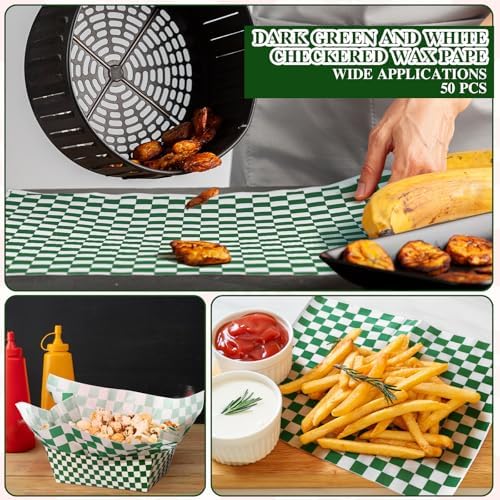 Geosar 100 Pcs Gingham Paper Food Tray with Wax Paper,Dark Green White