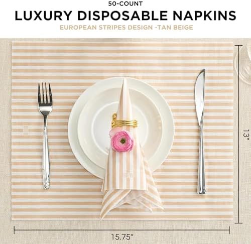 Striped Disposable Napkins & Placemats – 3-Ply Paper Tableware for Parties, BBQs, Picnics, Birthdays & Holiday Gatherings – Elegant & Absorbent Dinner Napkins with Matching Placemats - Beige Set of 50