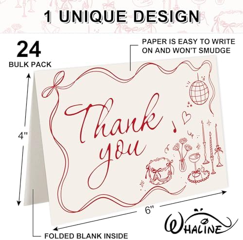 Whaline 24 Pack Wedding Thank You Cards Vintage Red Bow Cake Thank You Blank Note Card Greeting Cards with Envelope Sticker for Bridal Shower