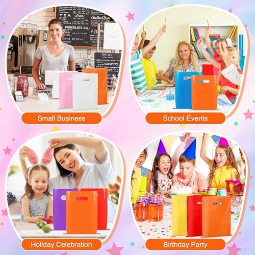 VieFantaisie 50 PCS Orange Party Favor Bags, 8" x 11" Goodie Bags for Candy Treat Craft Easter Egg, Plastic Gift Bag with Die Cut Handles for Birthday Party, School Events & Small Business, Wedding