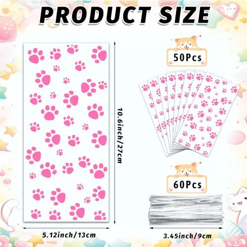 ZYLOP 50 Pcs Pink Dog Paw Print Treat Bags, 5 x 11 Inch Clear Cellophane Puppy Party Favor Bags with 60 Silver Twist Ties, Pink Plastic Goodie Bag for Pet Birthday, Girls' Party, Candy & Cookies