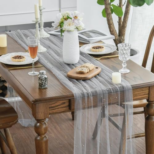 Artoid Mode 3-Pack Pearl Grey Gauze Table Runner 10FT Home Decor