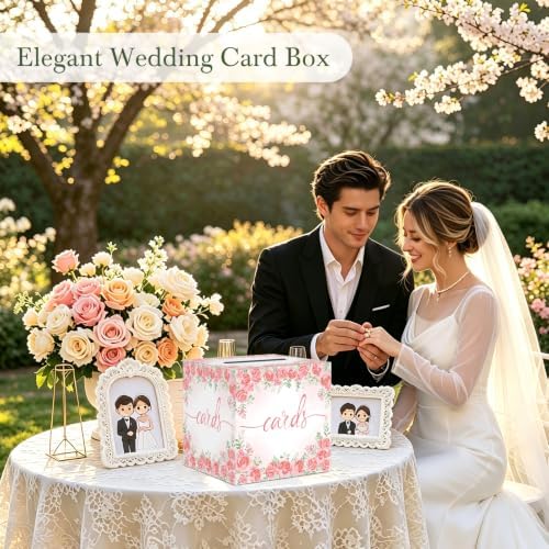 Watercolor Pink Rose Wedding Card Box, Paperboard 8.7" Gift Card Holder for Graduation Birthday Party Reception Retirement Anniversary Bridal & Baby Shower