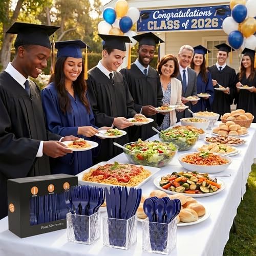 360Pcs Navy Blue Plastic Silverware Set, Disposable Forks Spoons Knives