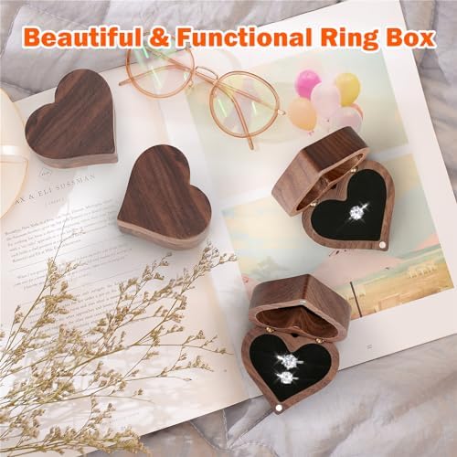 LETURE Wooden Heart Shape Ring Gift Box with Single Slot 2 Slot, Personalized Vintage Wood Jewelry Box for Proposal Engagement Wedding Ceremony Anniversary (Black-1 Slot)