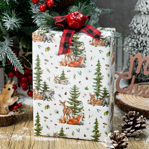 MAYPLUSS Christmas Wrapping Paper Roll - 17 In x 33 Feet - Cute Watercolor Christmas Tree Reindeer Rabbit Squirrel Gift Wrap Paper for New Year, Holiday, Kids