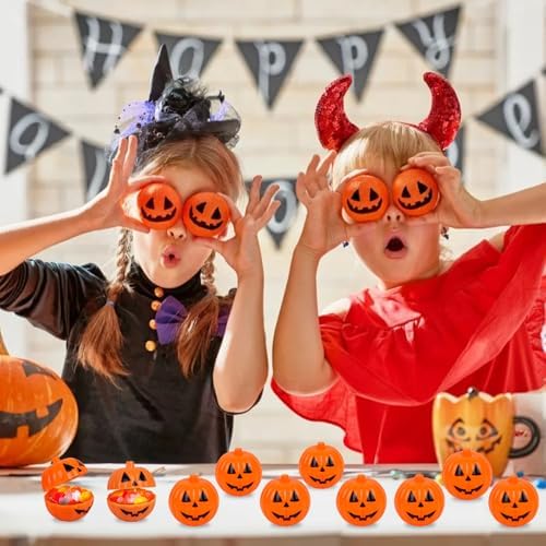FOIMAS Halloween Pumpkin Candy Box, 60pcs Mini Plastic Pumpkin Containers Fillable Candy Treat Storage Box for Trick or Treat Halloween Party Decoration