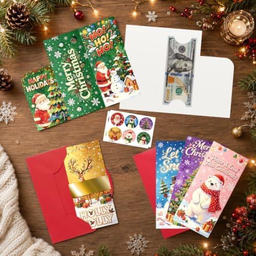Jaywayang 24 Pack Christmas Money Holders Cards, 6 Styles Xmas Cash Gift Card with Red Envelopes & Holiday Sealing Stickers