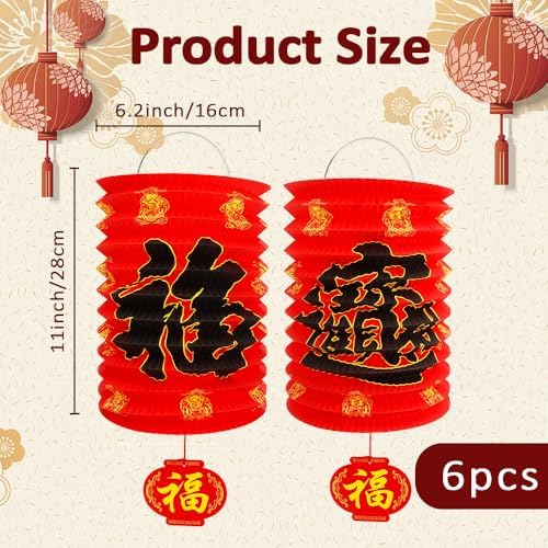 Chinese New Year Lanterns Decoration 2026, 6 Pcs Lunar New Year Red Fu Paper Lanterns, 6.2 x 11 Inches Lucky Fu Character Lantern Lunar Spring Festival Ceiling Hanging Decor for Home Restaurant Store