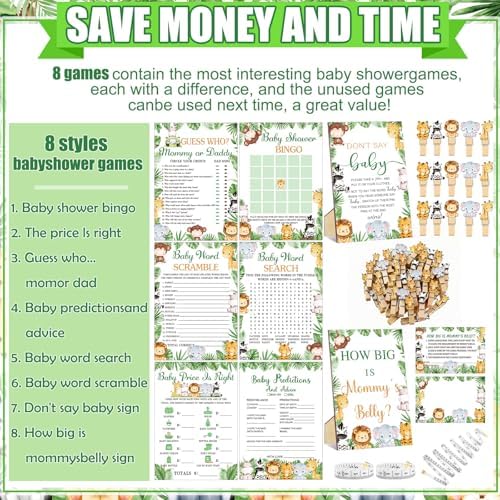 Funnymoom 426 Pcs Jungle Baby Shower Games Set, 8 Safari Animal Party