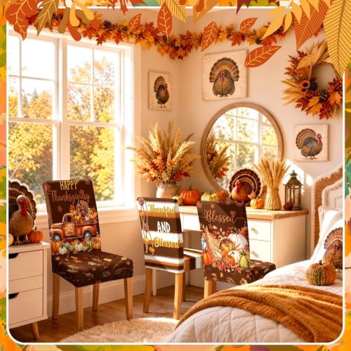 Moukeren 6 Pcs Thanksgiving Chair Covers Fall Striped Dining Slipcovers