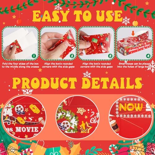 48 Pcs Christmas Party Supplies Movie Night Paper Snack Trays Xmas Party Decorations Christmas Birthday Favors Snowman Family Movie Popcorn&Drink&Candy Box