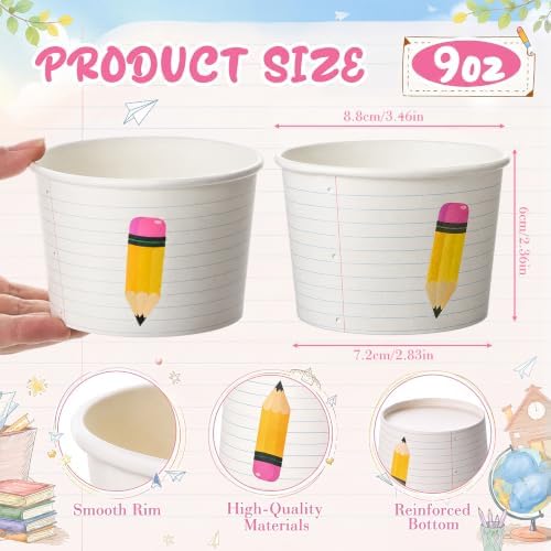 Maxdot 50 Pcs Back to Snack Bowls Cups 9 oz Pencil Notebook Line Paper Bowls First Day of School Disposable Ice Cream Dessert Cups for Classroom Party Supplies