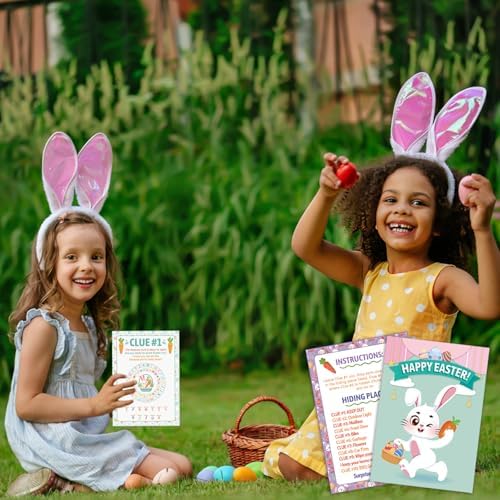 HOWAF 11pcs Outdoor Easter Hunt Clues Cards, Outdoor Easter Party Games Easter Scavenger Hunt with Friends, Family